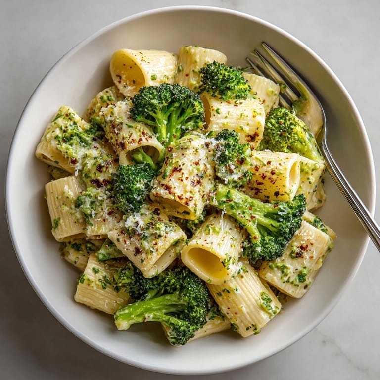 Closeup of Broccoli White Bean Alfredo Vegan dish, showcasing tender broccoli in velvety vegan sauce.