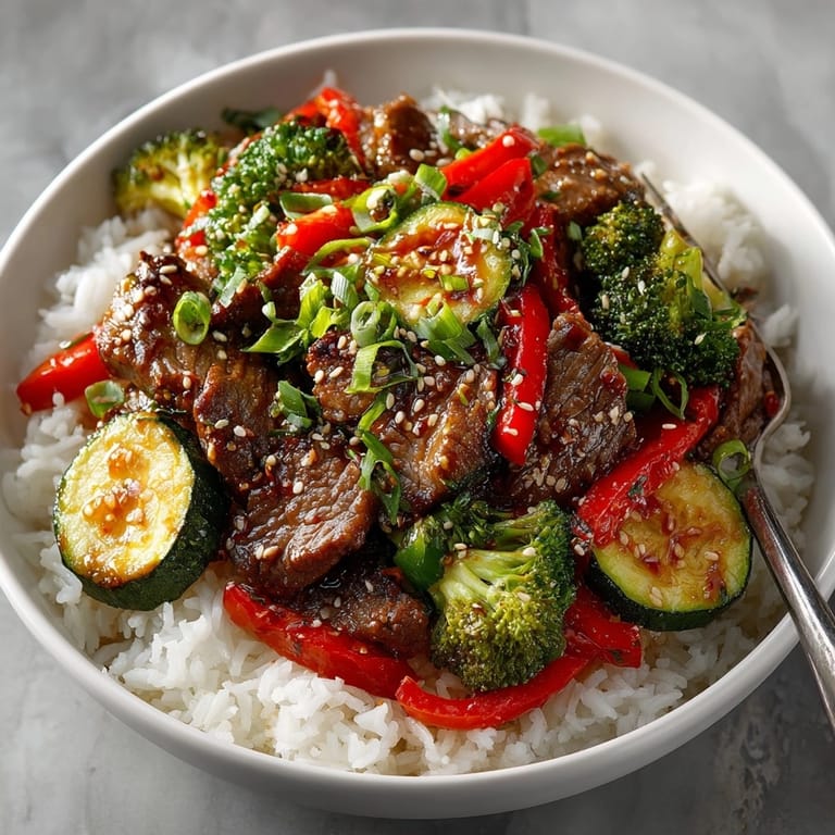 Bright vegetables and tender beef in spicy stir-fry sauce, garnished with sesame and scallions.