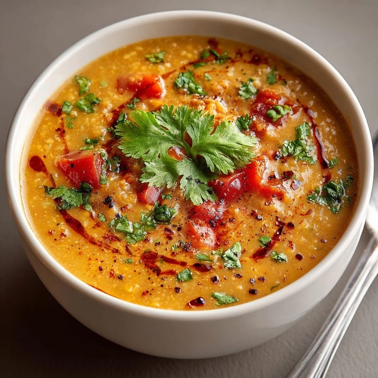 Steaming hot Thai Peanut Lentil Soup with creamy texture and colorful diced tomatoes.