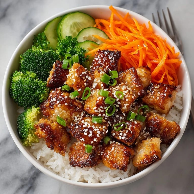 Vibrant teriyaki chicken rice bowl served hot, with colorful veggies and sticky white rice.