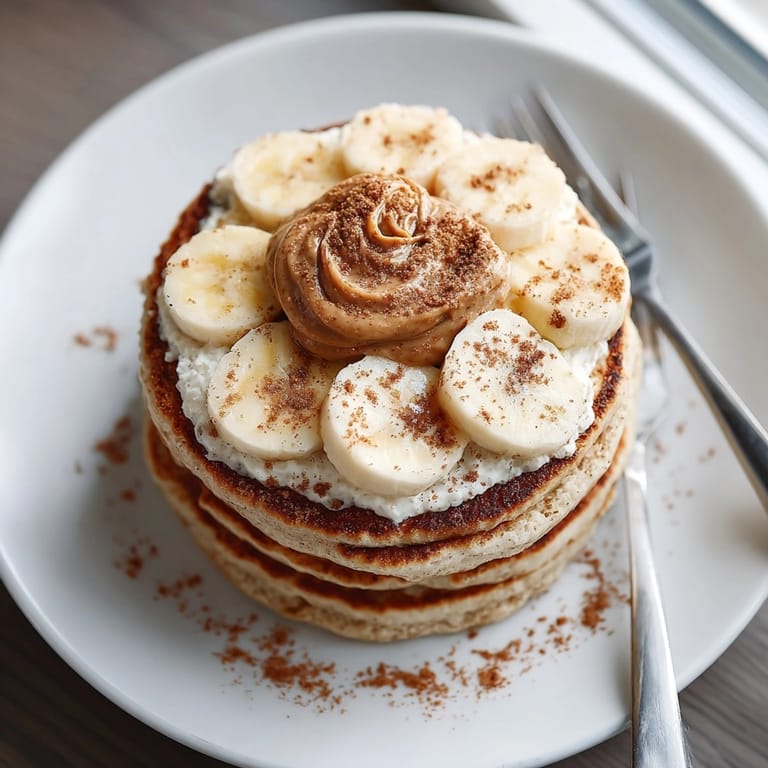 Fitness protein pancakes cooked to perfection, served warm with creamy nut butter drizzle.