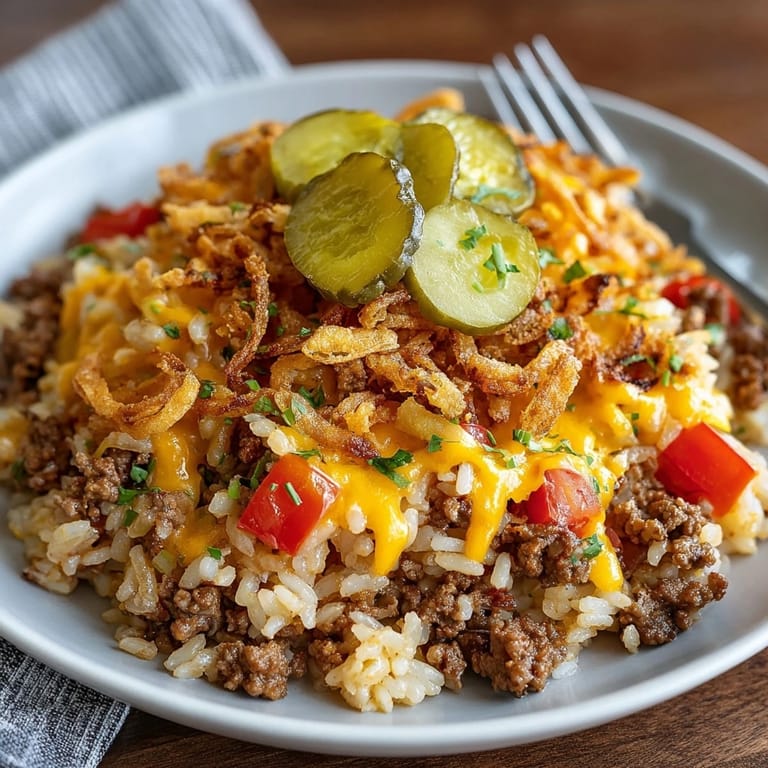 A close-up of a flavorful cheeseburger rice skillet, highlighting visible ground beef and creamy cheese.