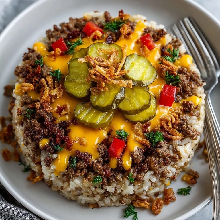 Fresh dill pickles add a final crunch to a bubbling, savory cheeseburger rice skillet meal.
