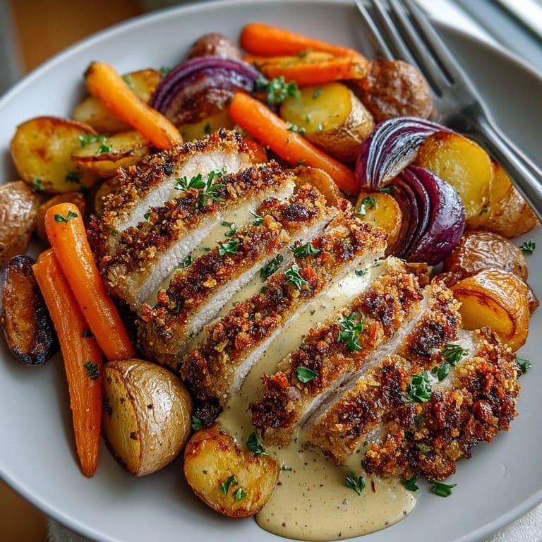 Perfectly browned pretzel-crusted sheet-pan chicken with carrots and potatoes, a delightful American dinner recipe.