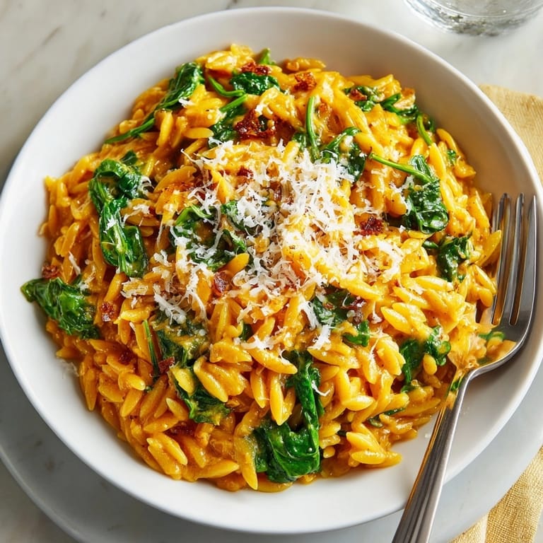 Enjoy a steaming bowl of savory One-Pot Pumpkin Parmesan Orzo; a comforting vegetarian dinner.