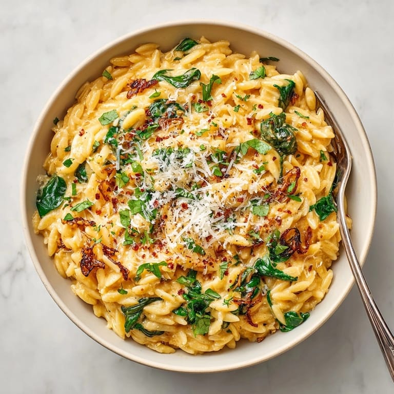 Vibrant photo of a flavorful One-Pot Pumpkin Parmesan Orzo with Parmesan cheese and spinach on top.