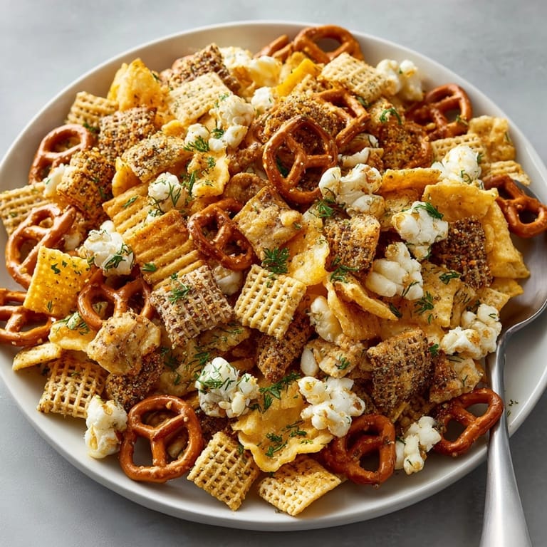 Enjoy a bowl of freshly baked Dill Pickle Ranch Cracker-Pop Party Mix, perfect for movie night!