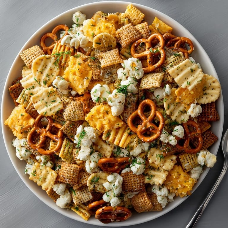 This golden, crunchy Dill Pickle Ranch Cracker-Pop Party Mix is irresistible with a cold drink.