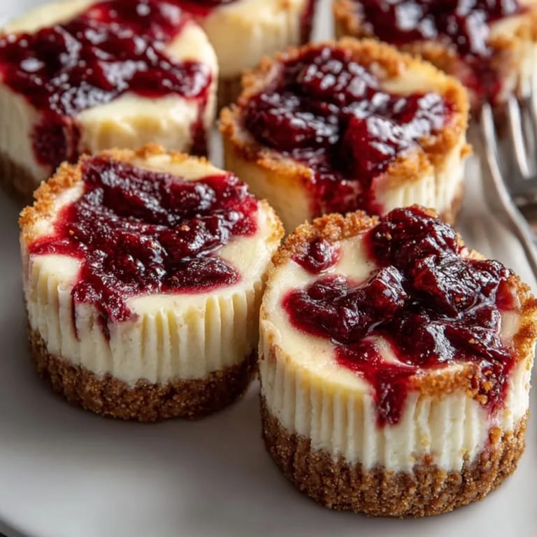 Small, perfect Cherry-Coded Cranberry Swirl Cheesecake Bites are served chilled, ready for the perfect dessert bite.