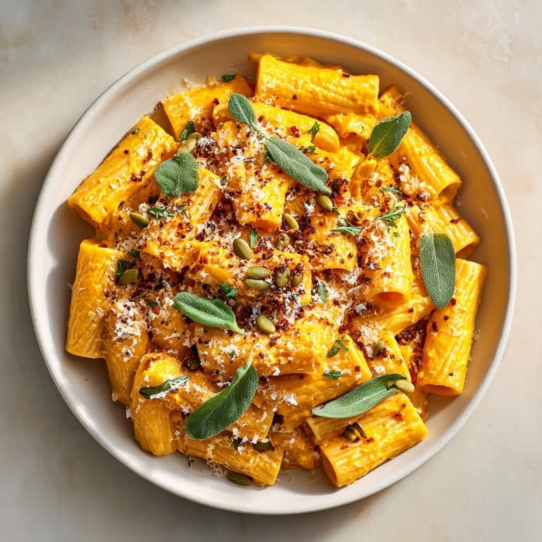 Warm and comforting Spiced Pumpkin Cream Cheese Pasta with fresh herbs and Parmesan cheese, a perfect meal.