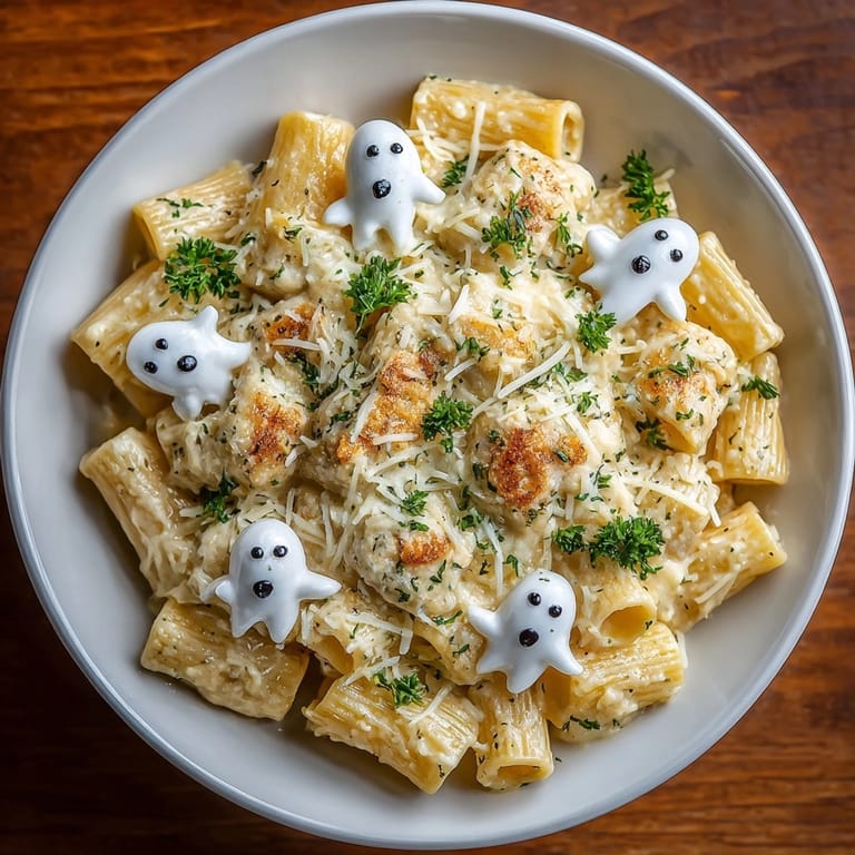 Creamy, comforting Halloween Ghostly White Sauce Pasta, ready to serve with fun olive-eyed ghost garnishes.