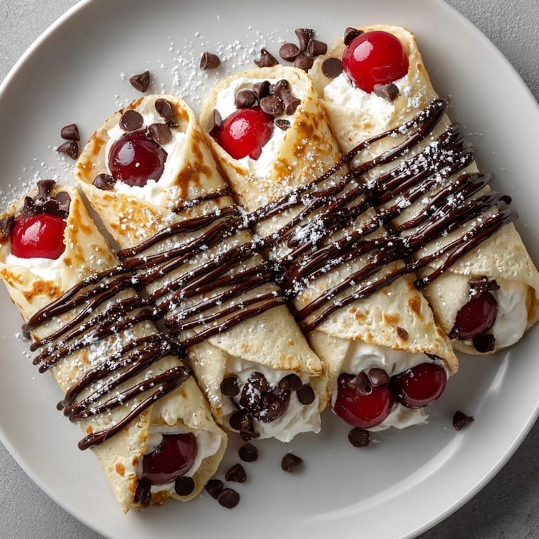 Golden, toasted cherry chocolate drizzle dessert wraps filled with sweet cherry filling, drizzled with dark chocolate.
