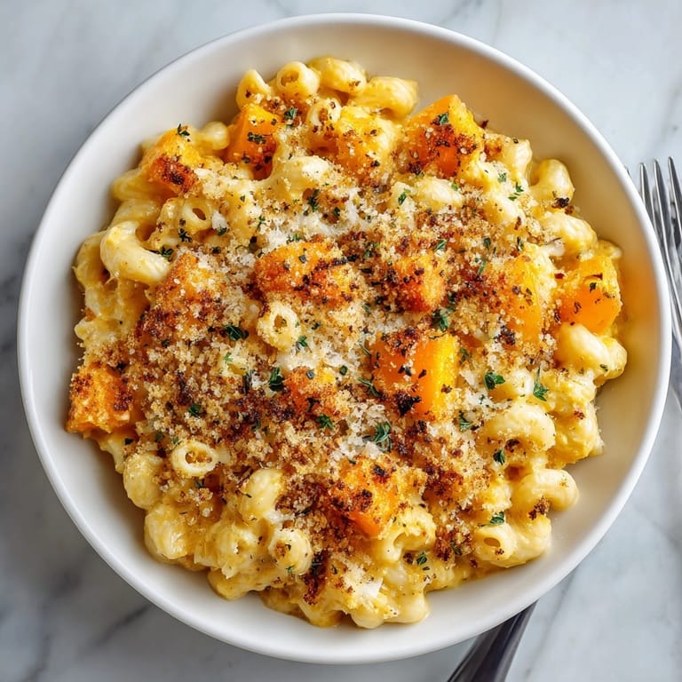 Close-up of steaming roasted garlic pumpkin mac & cheese, a rich and flavorful autumn meal.
