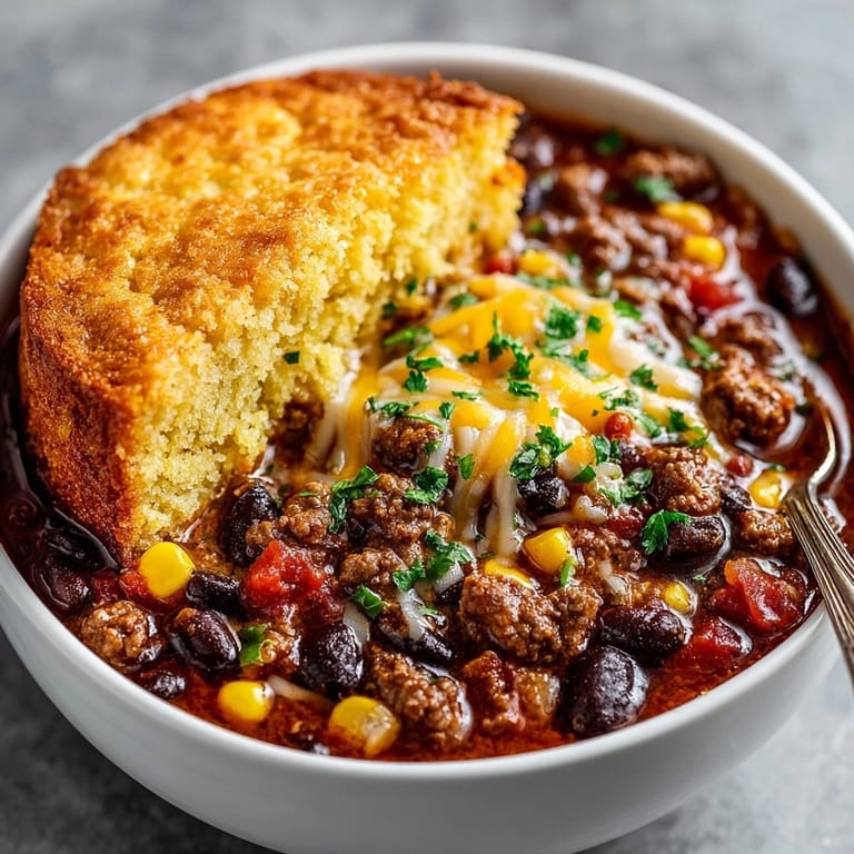 Savory taco soup with a fluffy cornbread topping; imagine the textures side-by-side.