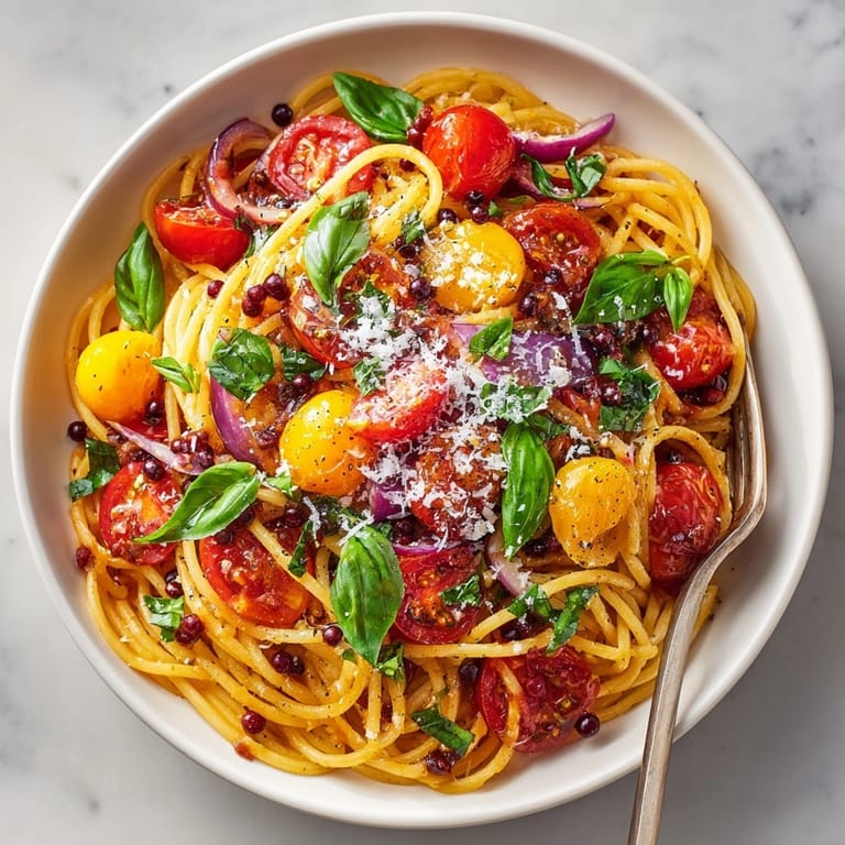 Imagine twirling the spaghetti: a gorgeous Heirloom Tomato Pasta with Aged Balsamic Pearls, ready to eat.