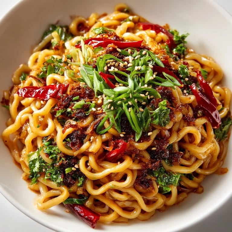 A close-up view of Spicy Ginger Scallion Noodles, showcasing the fragrant sauce and colorful garnishes, ready to serve.
