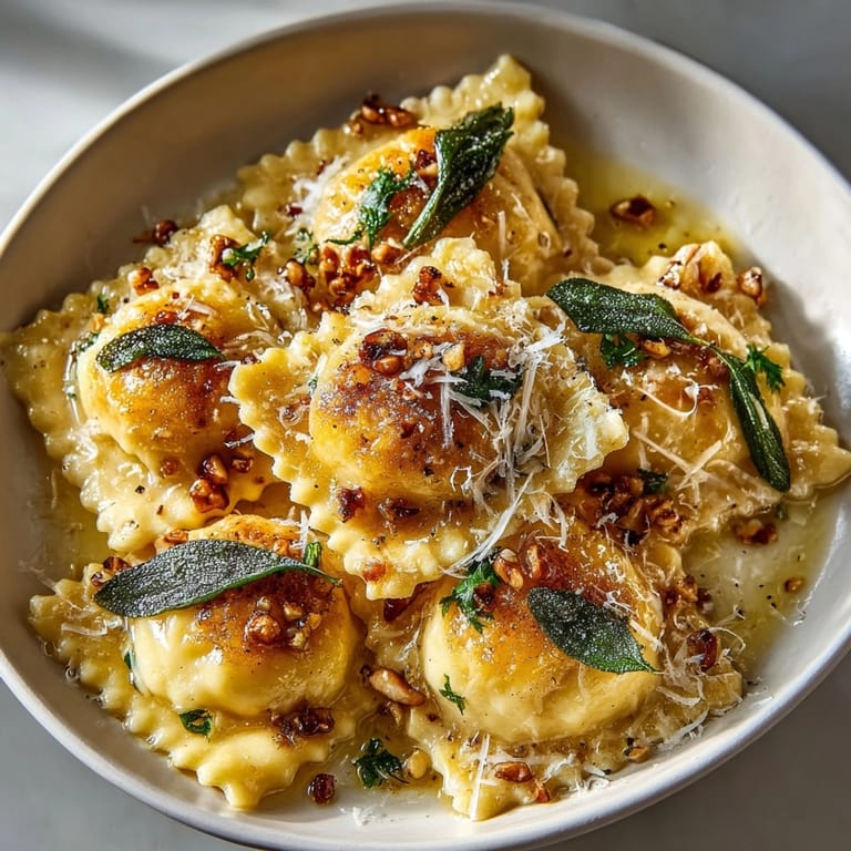 A close-up of golden-brown Acorn Squash Ravioli, perfectly plated and drizzled with delicious sauce.