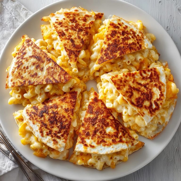 Freshly cooked Mac and Cheese Quesadillas served hot with salsa and creamy guacamole.