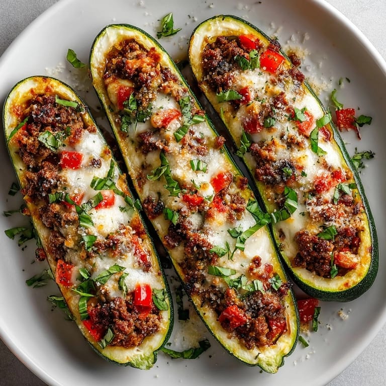 Baked Stuffed Cheese Zucchini Boats packed with savory meat and veggies, ready to enjoy.