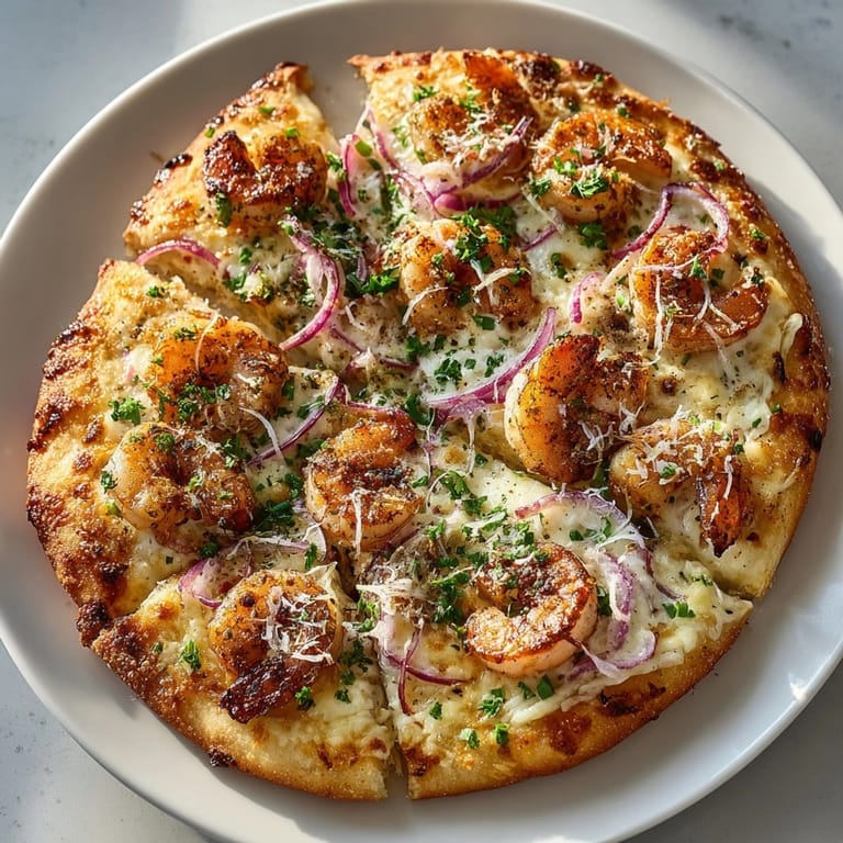 Close-up of Shrimp Alfredo Pizza topped with succulent shrimp, creamy sauce, and melted mozzarella.