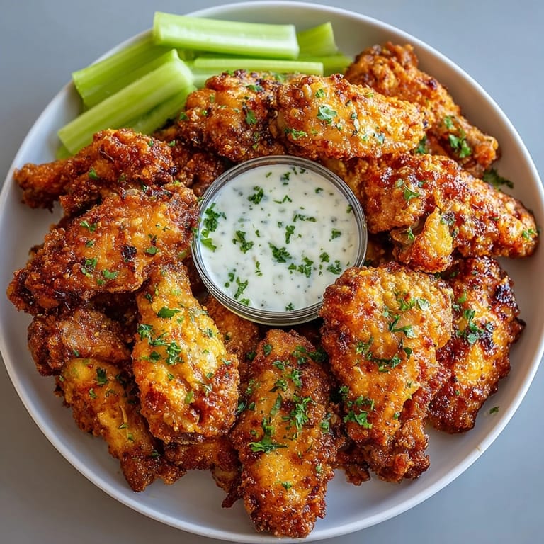 Crispy air fryer chicken wings served with ranch dressing and fresh celery sticks for dipping.