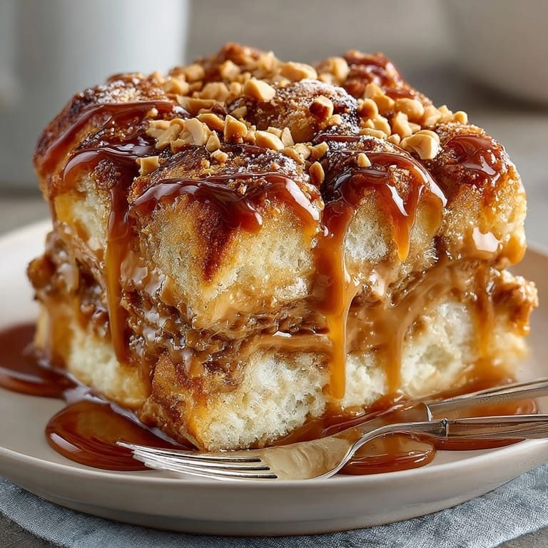 Golden, buttery Peanut Butter Caramel Pull-Apart Bread served warm, layers oozing with creamy peanut butter