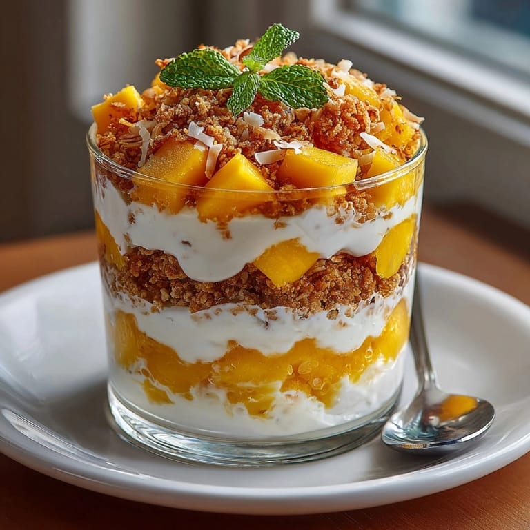 Close-up of mango coconut yogurt parfaits showing juicy mango, crunchy granola, and smooth coconut yogurt.