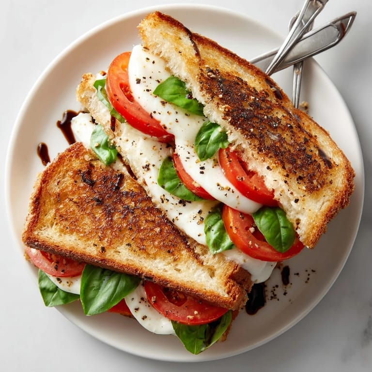 Sliced Grilled Cheese Caprese Sandwich served warm with crisp edges and gooey cheese, perfect for lunch.