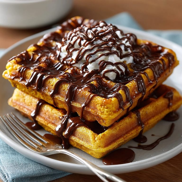 Warm, autumnal Pumpkin Spice Waffles showcased: chocolate web art adorns tender, homemade breakfast.
