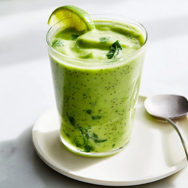 Creamy Green Smoothie recipe, bursting with tropical fruit flavors and healthful leafy greens.