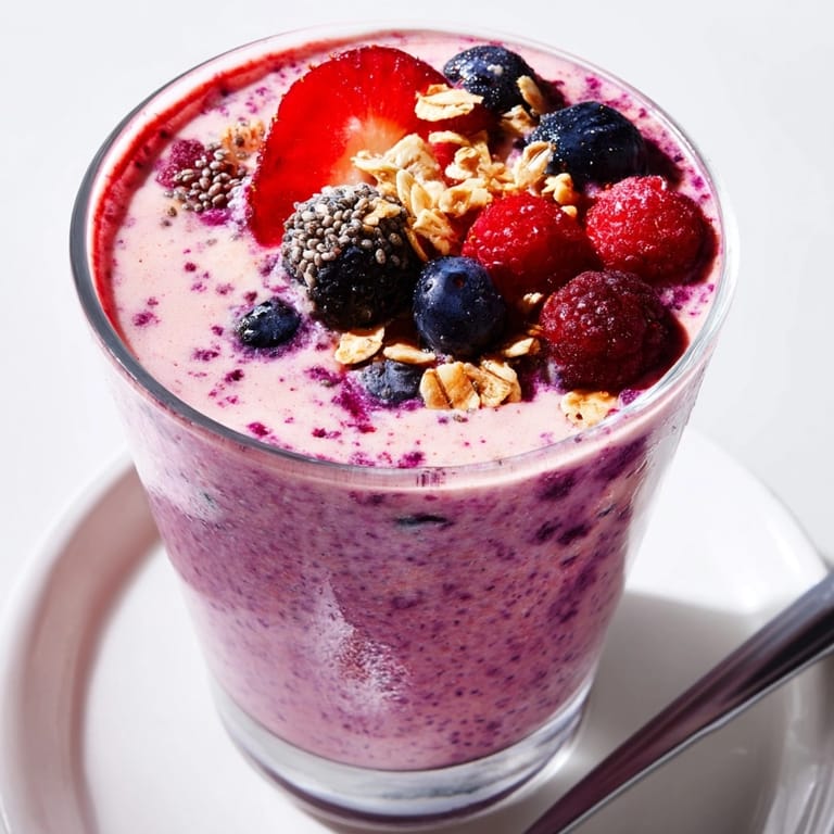 A thick, cold Very Berry Smoothie in a glass, topped with fresh raspberries.