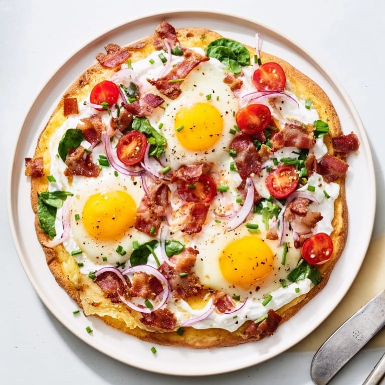 Homemade Breakfast Pizza recipe featuring a colorful array of ingredients—bacon, egg, and vegetables.