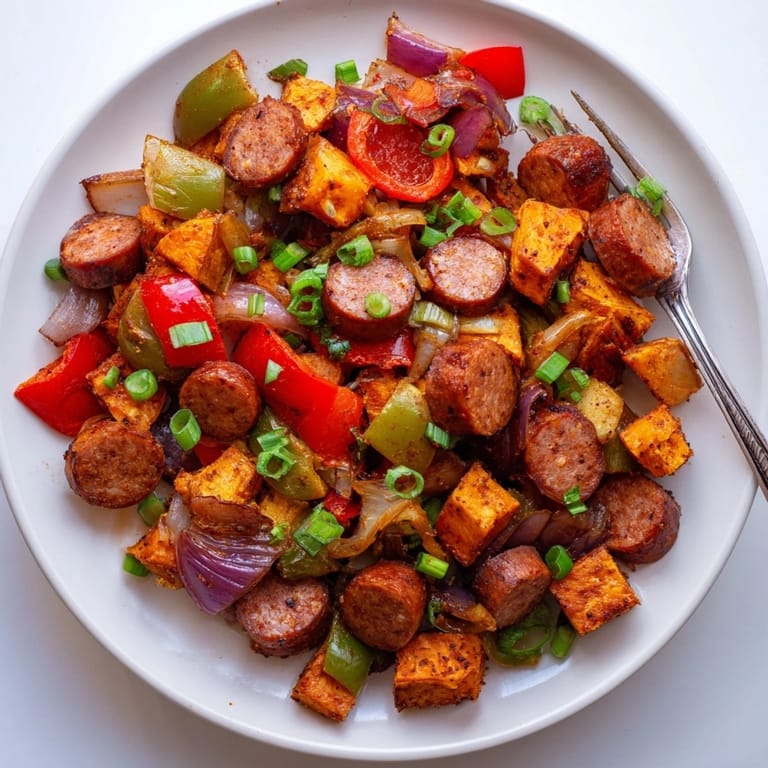 Hot skillet overflowing with flavorful Cajun Sausage Sweet Potato Hash, garnished with fresh parsley and onions.