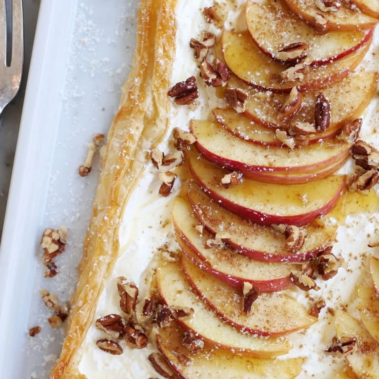 Close-up of flaky Ricotta Apple Breakfast Tart, drizzled with honey and sprinkled nuts.