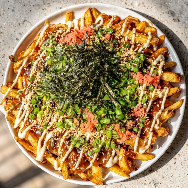 Loaded Japanese Okonomiyaki fries drizzled with mayo and sprinkled with seaweed.  