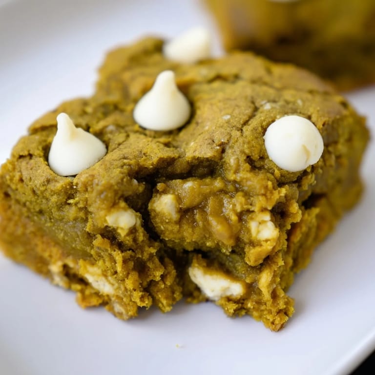 Savory blend of earthy matcha and sweet pumpkin in delicious blondie squares.