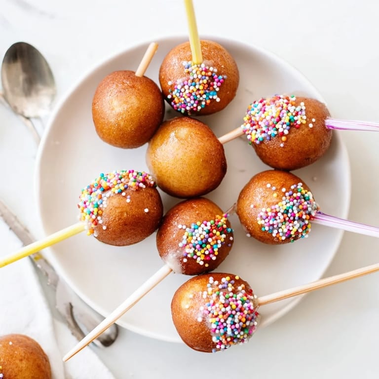 Bite-sized Silly Cake Coffee Pancake Pops drizzled with glaze and colorful toppings.