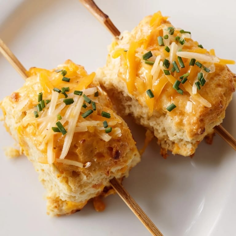 Cheesy biscuit skewers drizzled with zesty Buffalo ranch butter, perfect for dipping.  