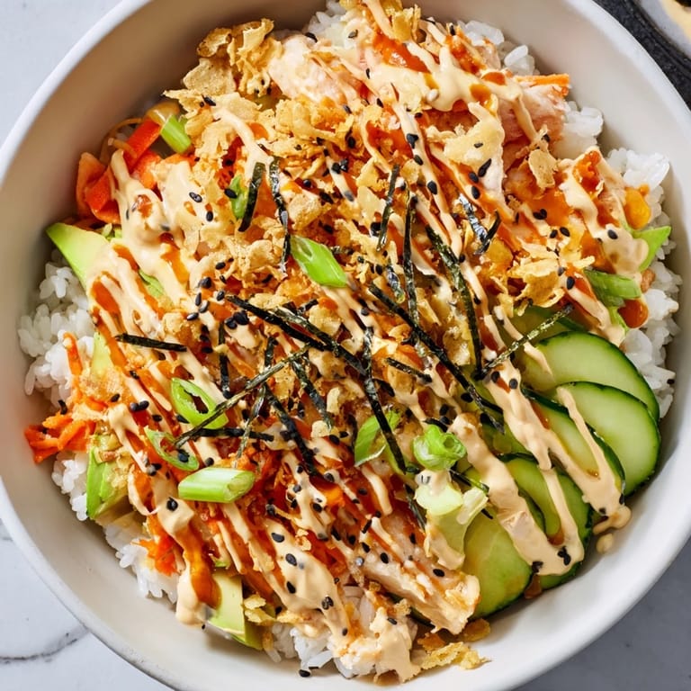 Vibrant Crunch Roll Sushi Bowl drizzled with spicy mayo and crunchy toppings.