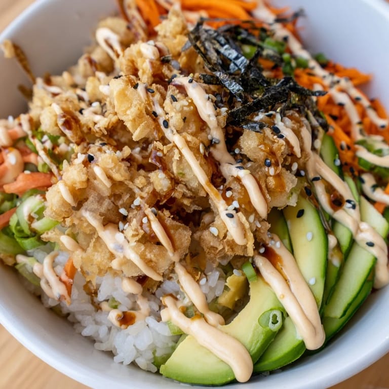 Deconstructed Crunch Roll Sushi Bowl featuring savory seafood over seasoned rice.  