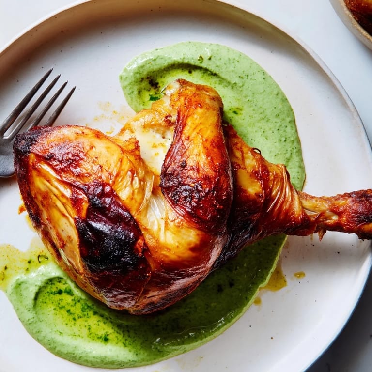 Roasted Peruvian Chicken served with zesty green sauce, perfect for family dinners.  