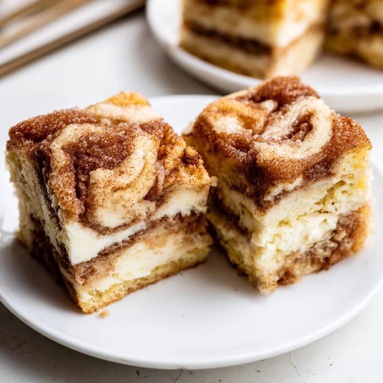 Homemade Cream Cheese Churro Muffin Squares invitingly dusted with sweet cinnamon topping.