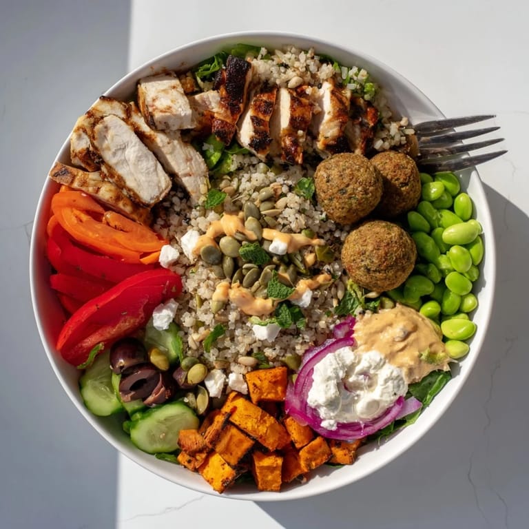 Guests create personalized bowls with grilled chicken, tofu, and a variety of toppings.