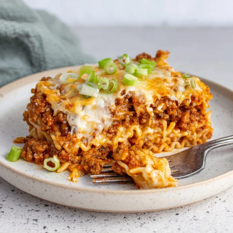 Comforting Spicy Ramen Lasagna garnished with green onions, ideal for a cozy meal.