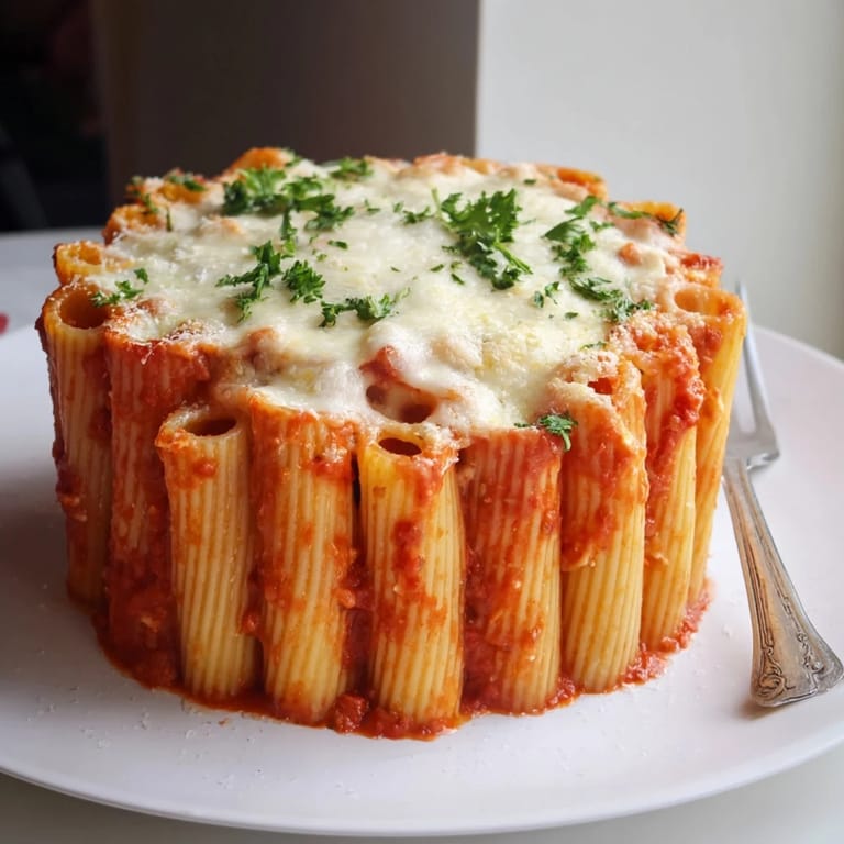 Stunning honeycomb pasta cake arrangement showcasing al dente rigatoni and savory sauce.