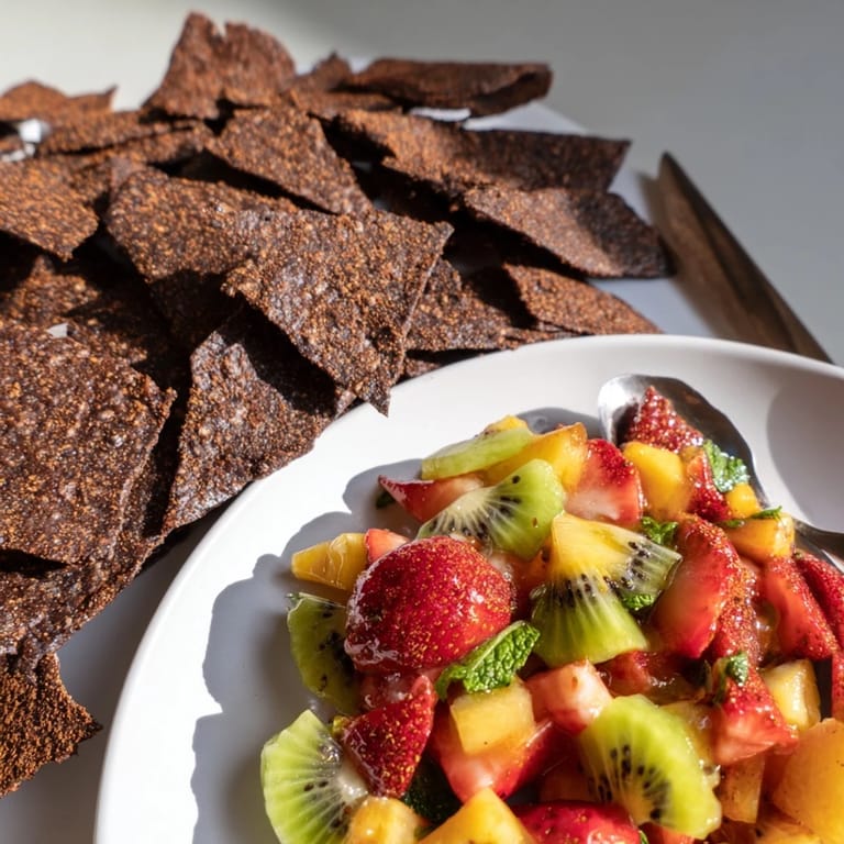 Homemade dessert chips served alongside a refreshing fruity salsa for indulgence.