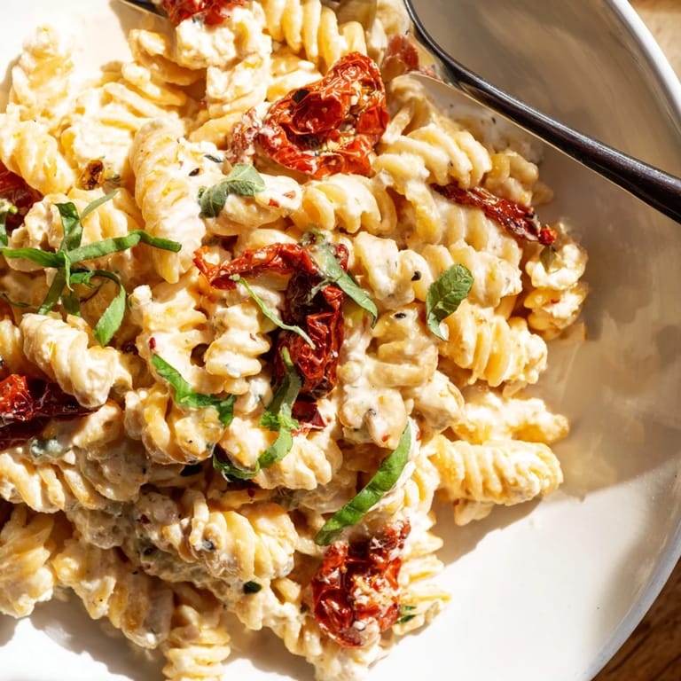 Aromatic Baked Feta Pasta 2.0, drizzled with olive oil and garnished with fresh basil.  