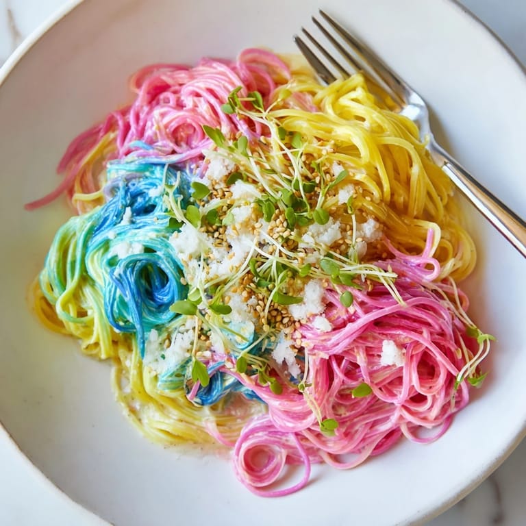 Colorful Neon Noodle Cloud served with sesame seeds, inviting and fun for kids.