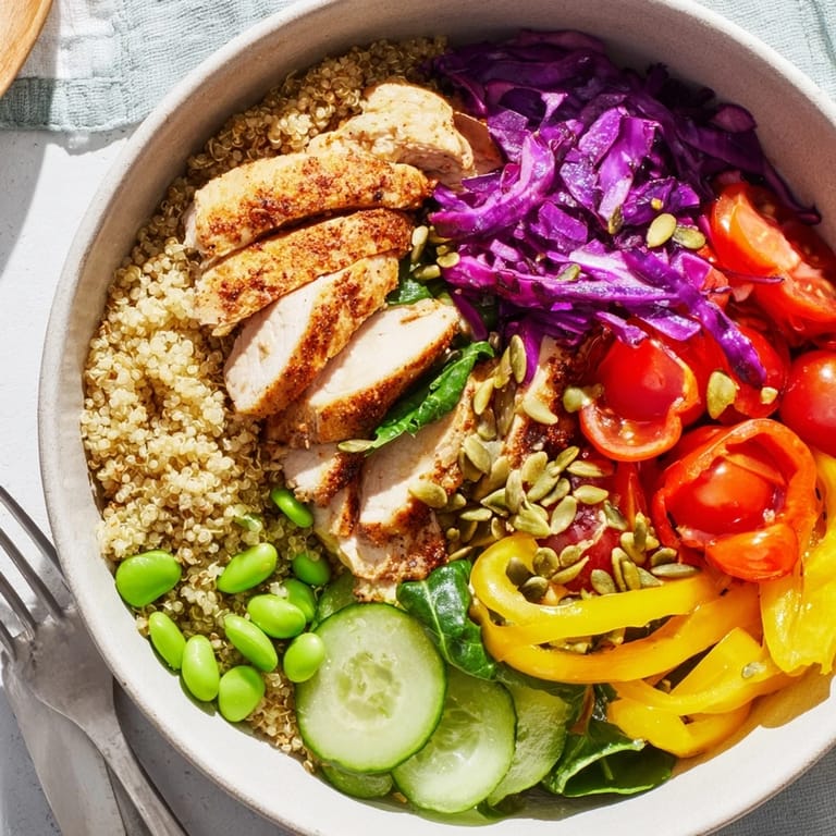 Nutritious meal-prep bowls featuring quinoa, fresh vegetables, and zesty dressing drizzle.  