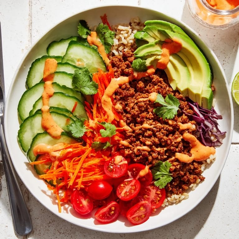 Satisfying plant-based meat bowl featuring quinoa, vibrant veggies, and bold seasonings.